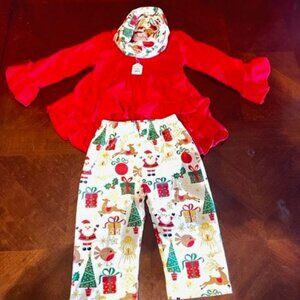 Toddler Girls Christmas Outfit Set With Red Ruffle Top & Festive Print Pants